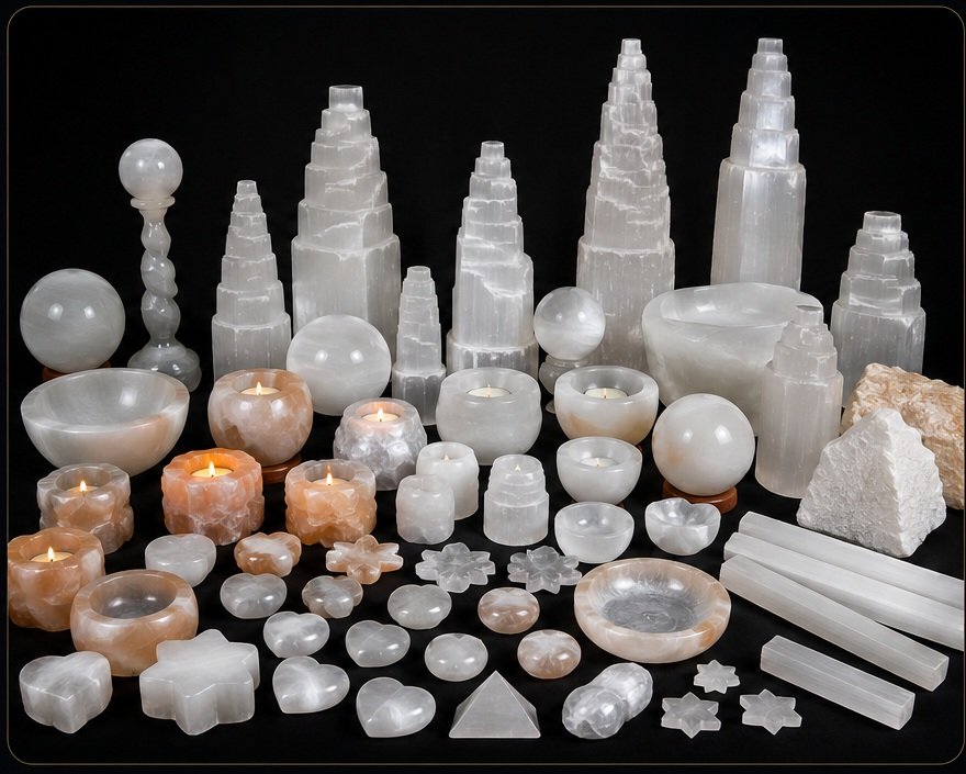Selenite collection — towers, candles, bowls, spheres and carved pieces